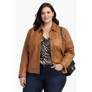 Talbots Woman Petites 1X Genuine Leather Jacket Caramel Brown Classic Fall‎